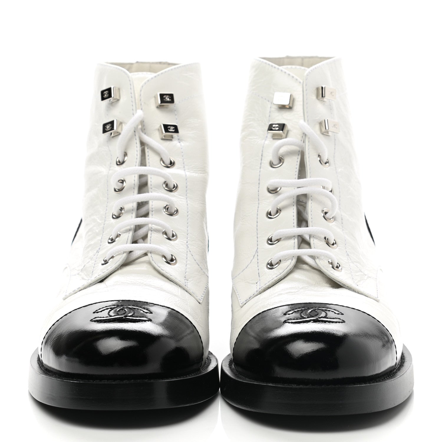Chanel Distressed Patent Cap Toe Combat Boots 40 White Black 2 of 9