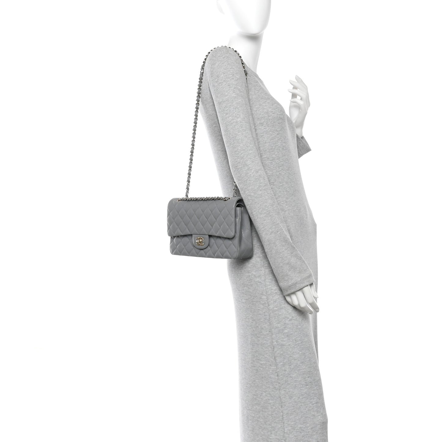 Caviar Quilted Medium Double Flap Grey
