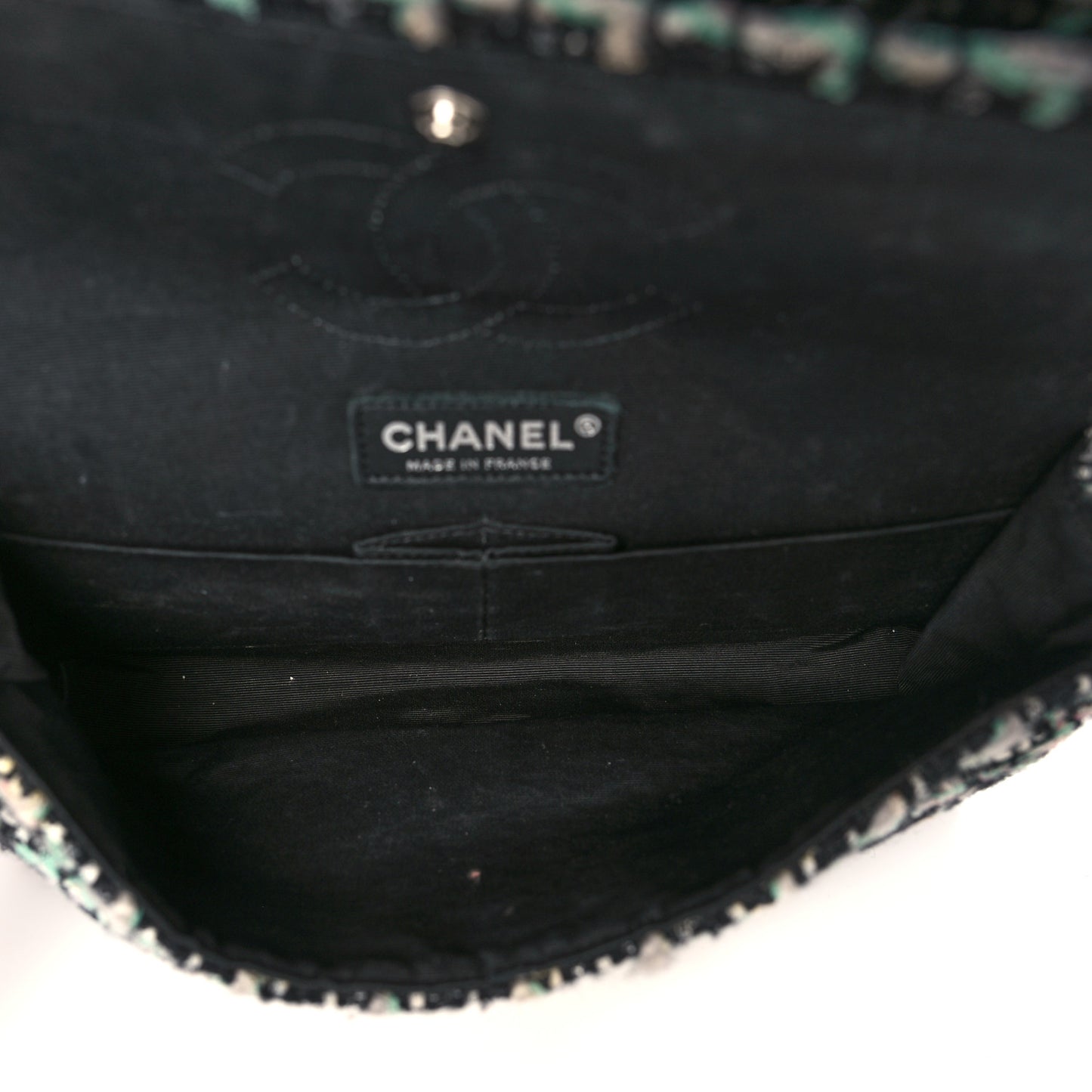Tweed Quilted Medium Double Flap Black White Green