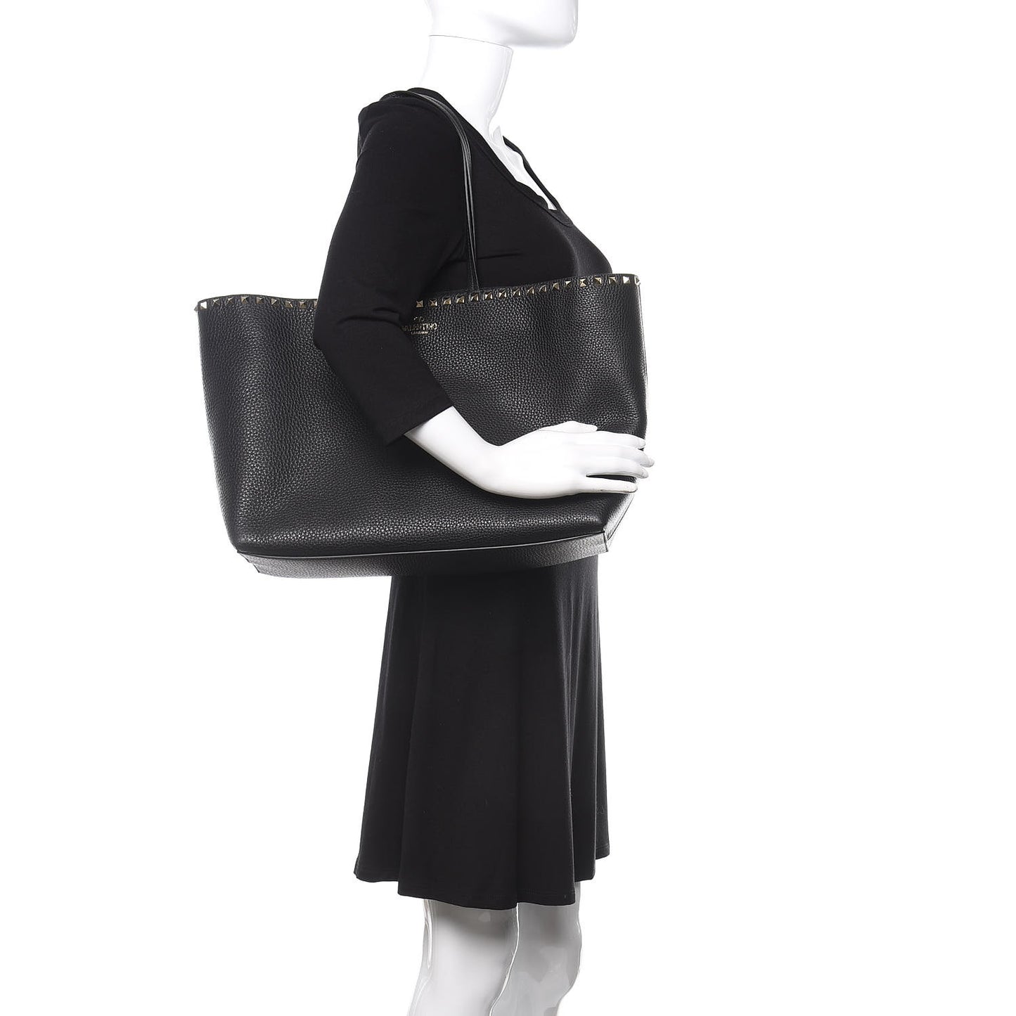 Grained Calfskin Rockstud Shoulder Tote Black