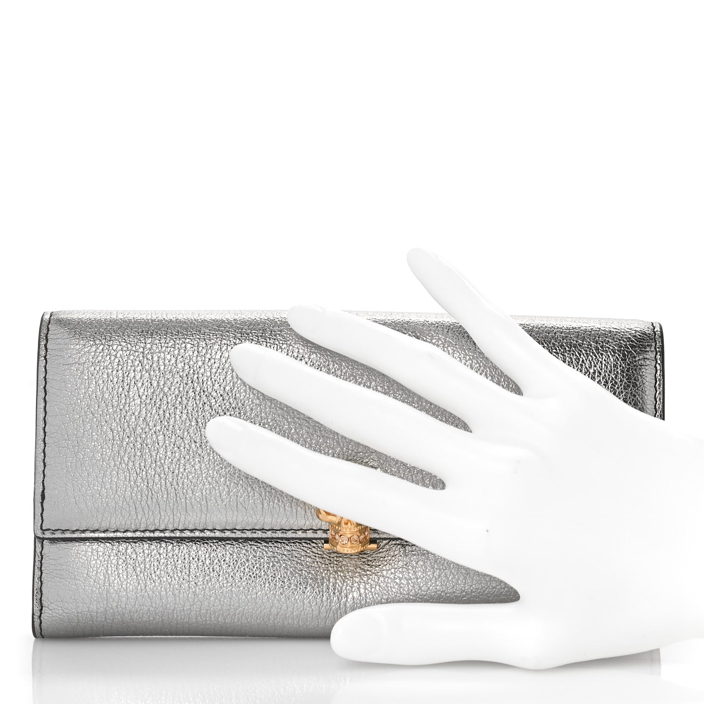 Metallic Calfskin Skull Continental Wallet Gunmetal