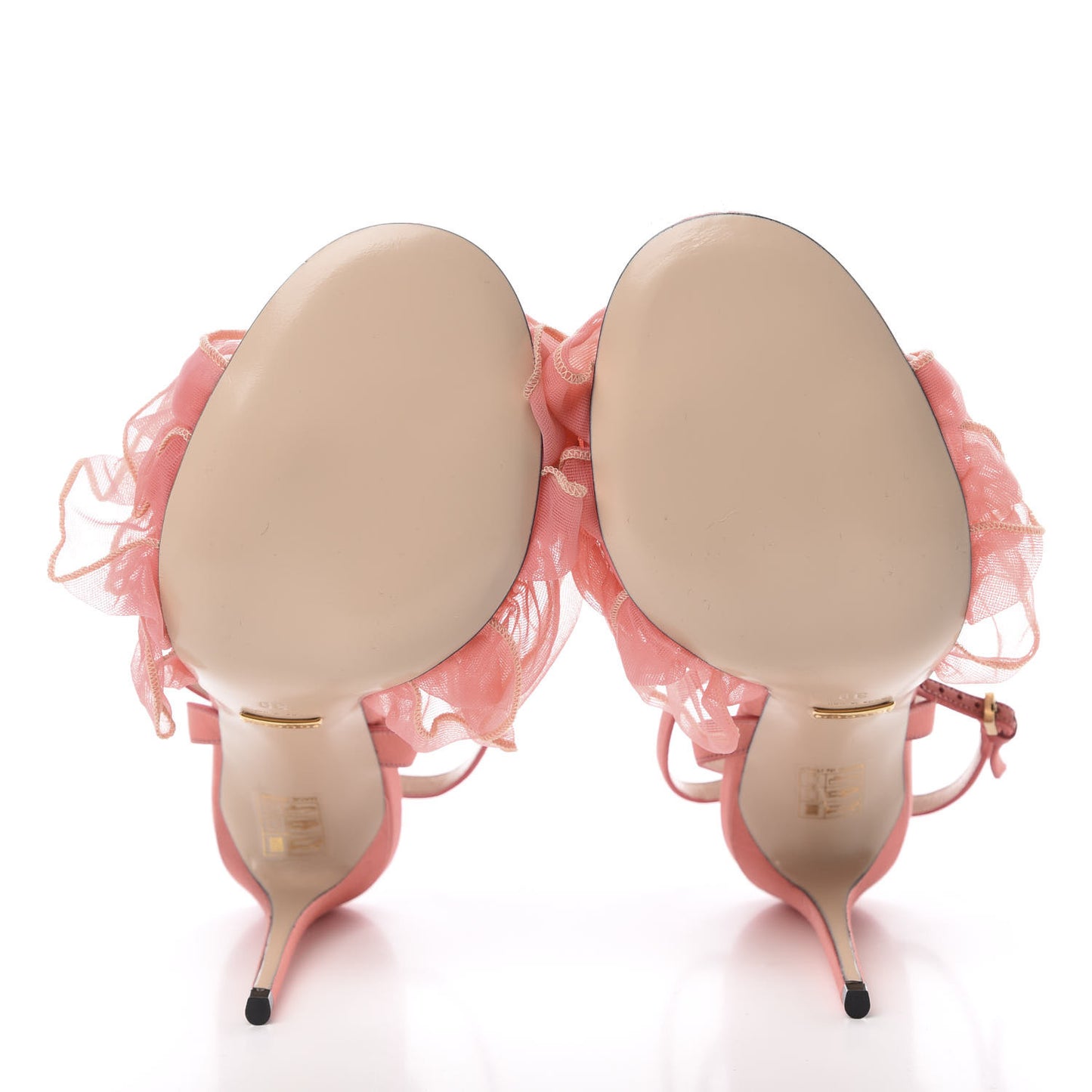 Tulle Ruffle High Heel Slingback Sandals 39 Peach White