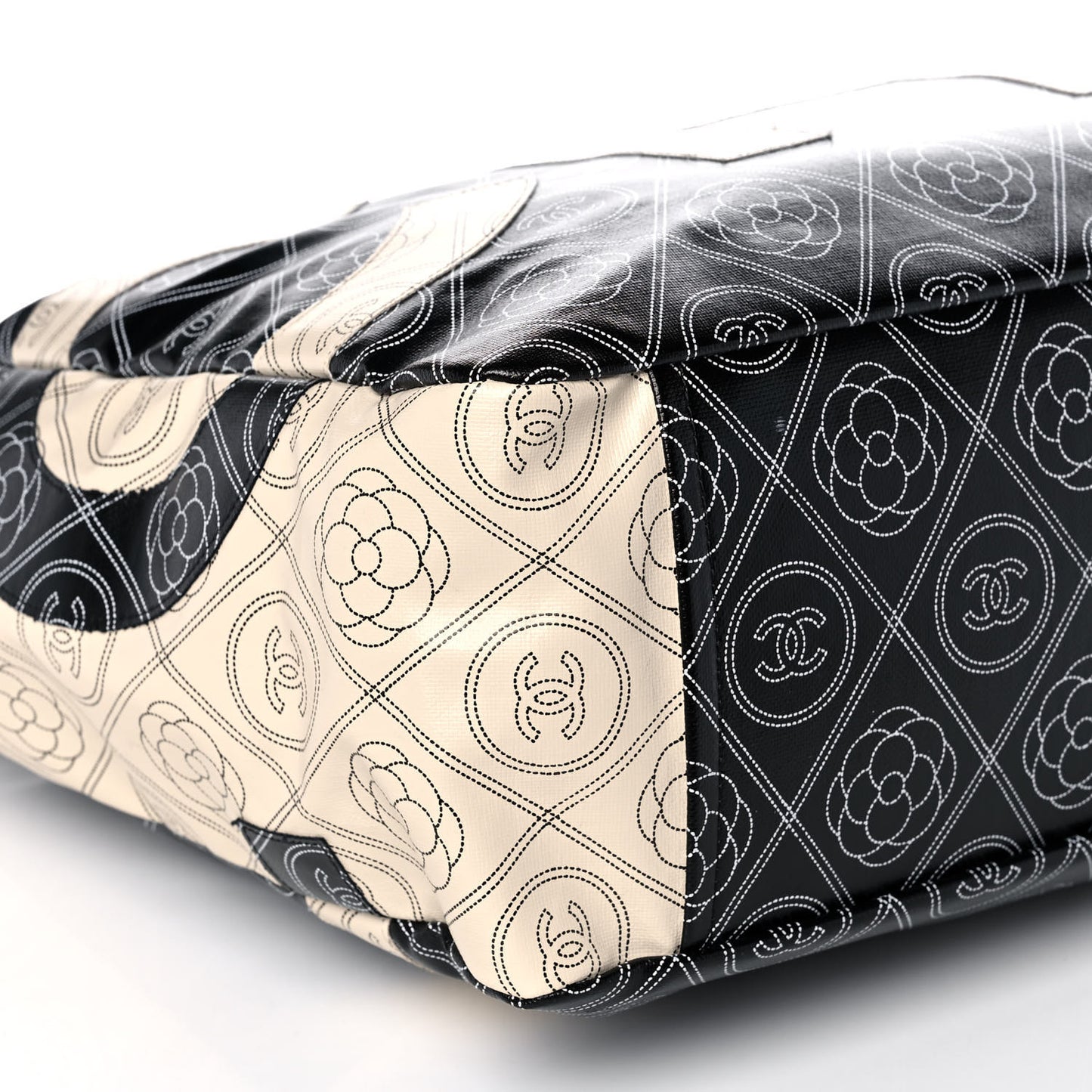 Coated Canvas Camellia Large Shopping Tote Black Beige