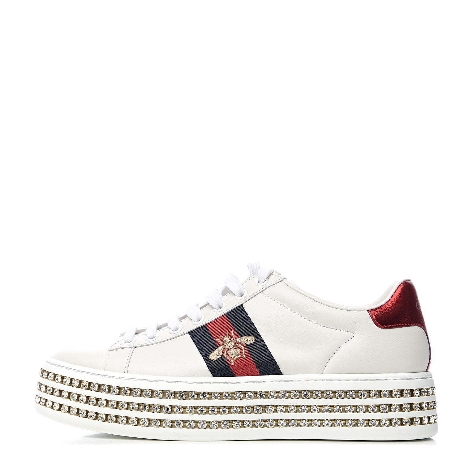 Gucci Calfskin Crystal Web Bee Embroidered Womens Ace Platform Sneakers 36 White 1 of 10