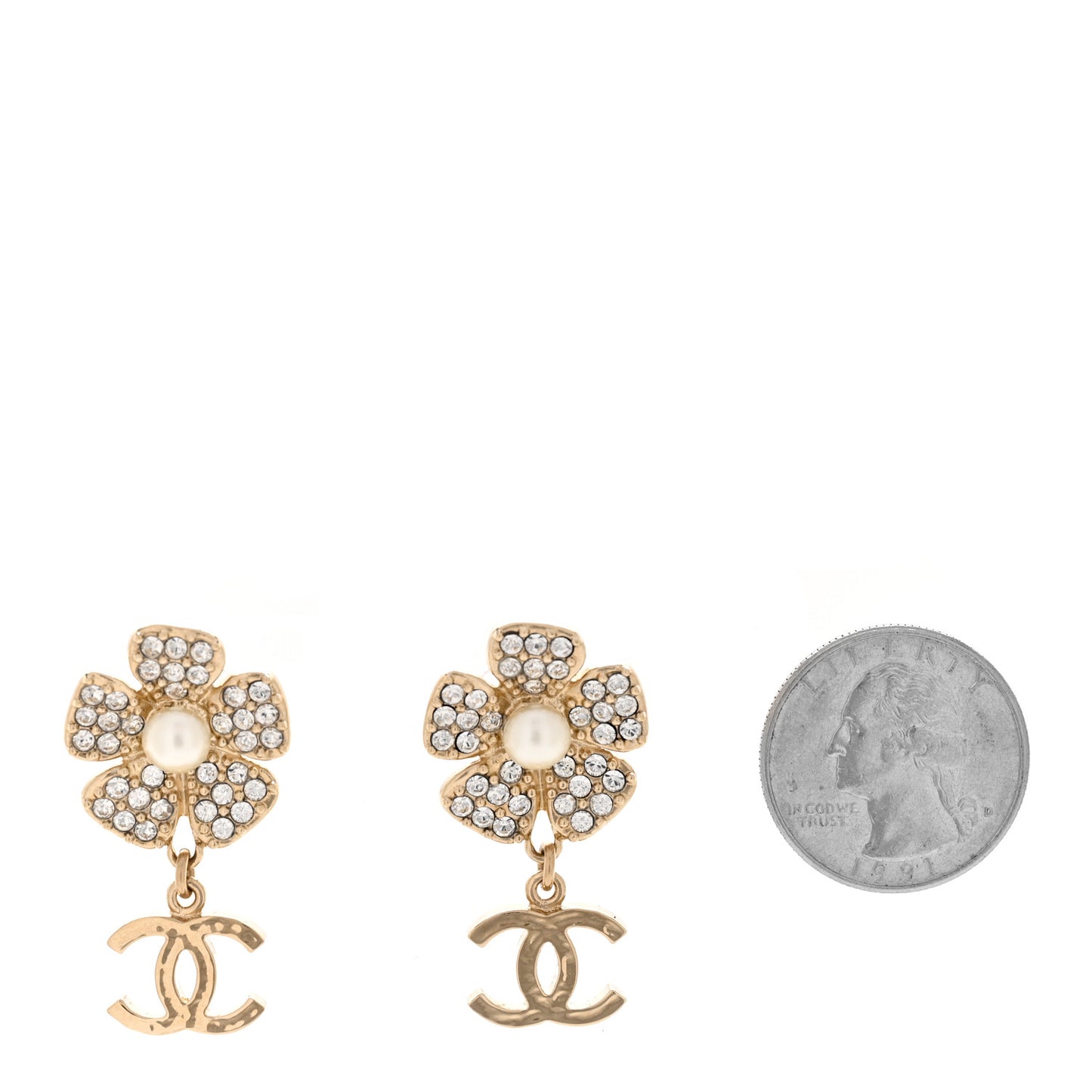Pearl Crystal CC Flower Drop Earrings Gold White