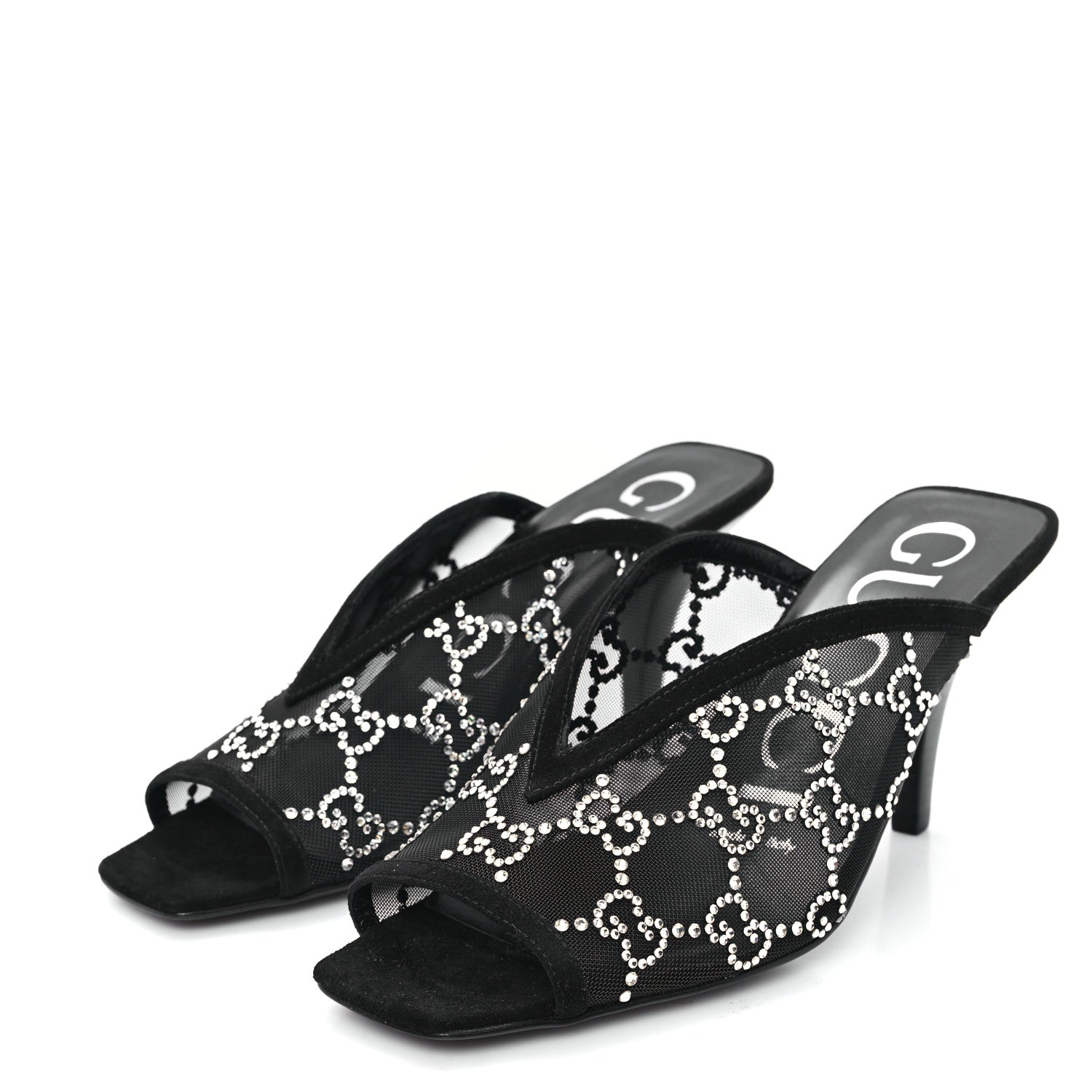 Gucci Tela Retino Kid Scamosciato Crystal GG Monogram Square G 95mm Slide Sandals 35 Black 4 of 9