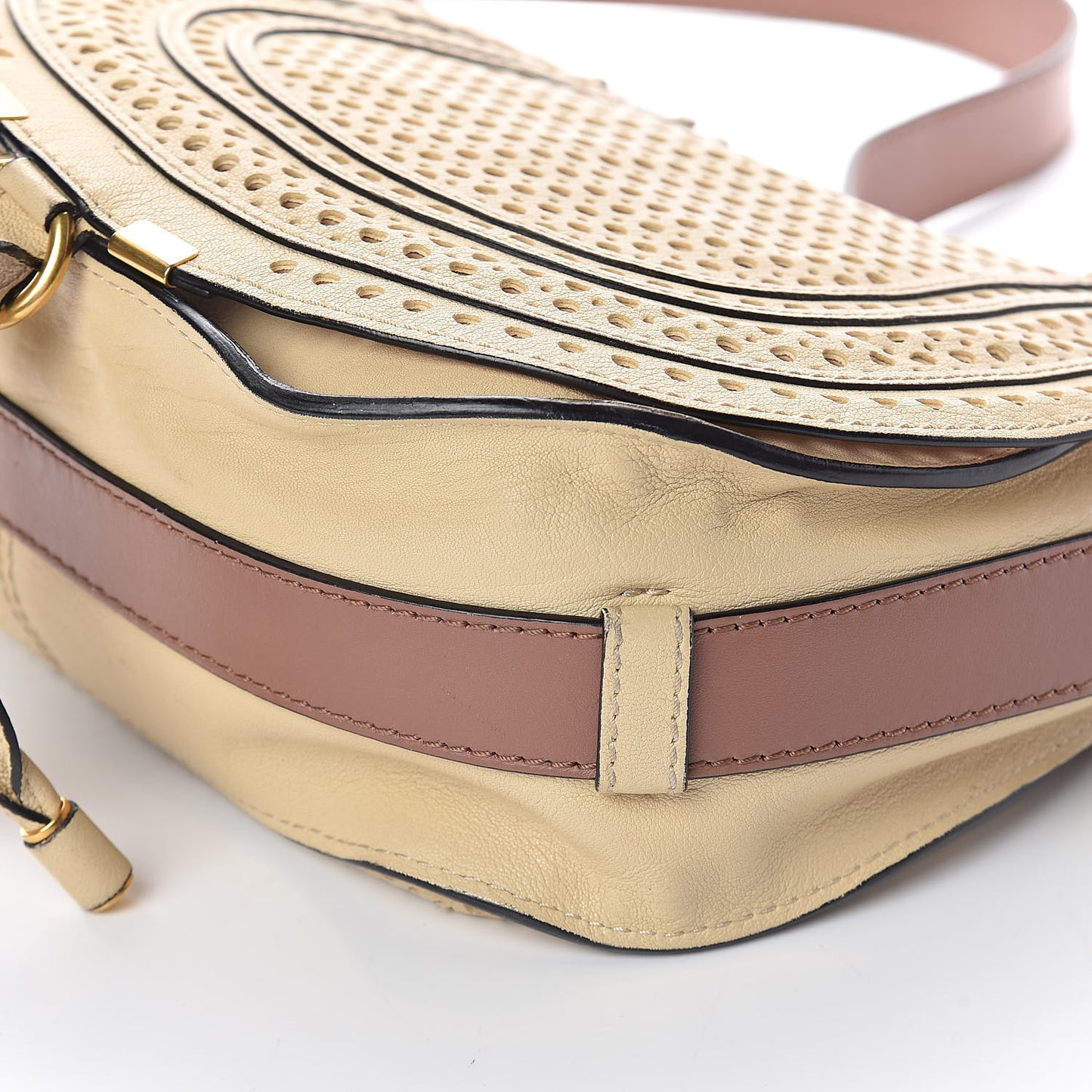 Calfskin Medium Perforated Marcie Round Crossbody Bag Beige