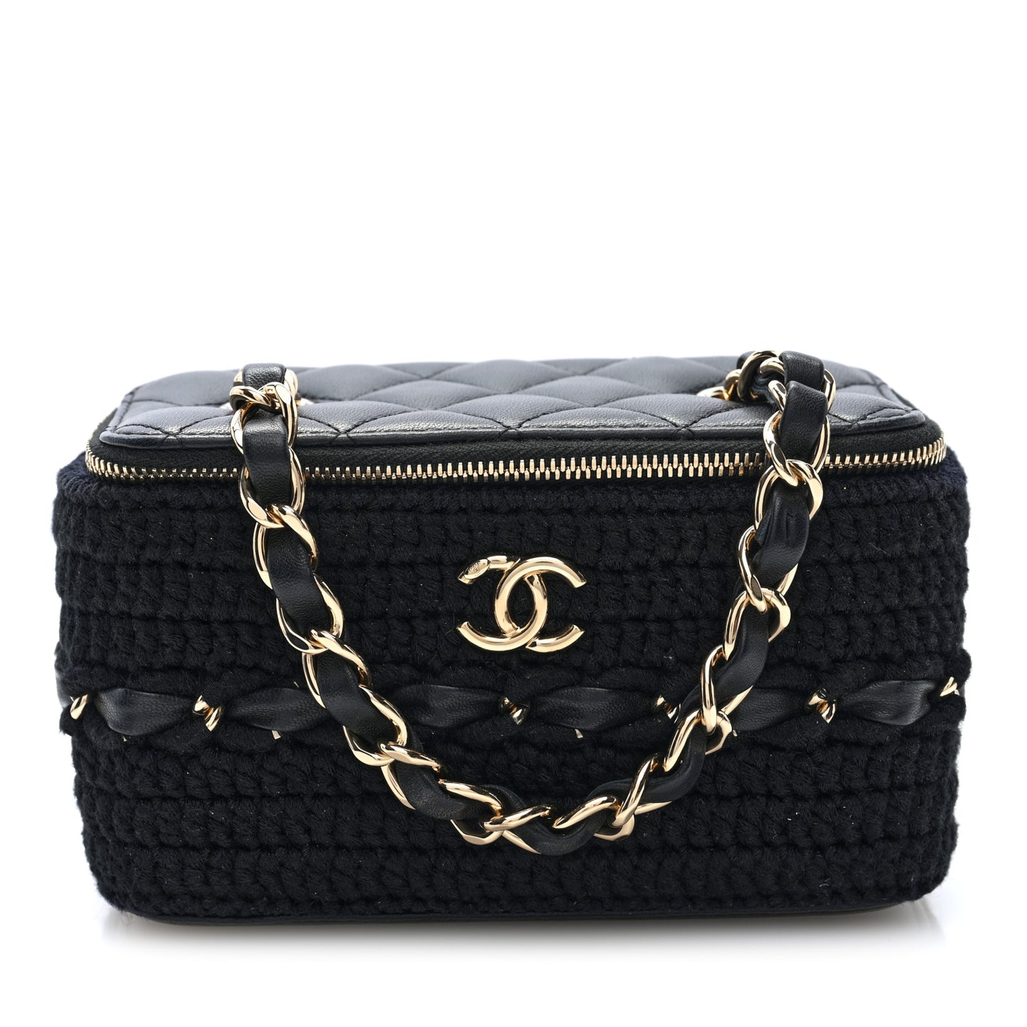 Lambskin Crochet Quilted Small Vanity Case With Chain Black