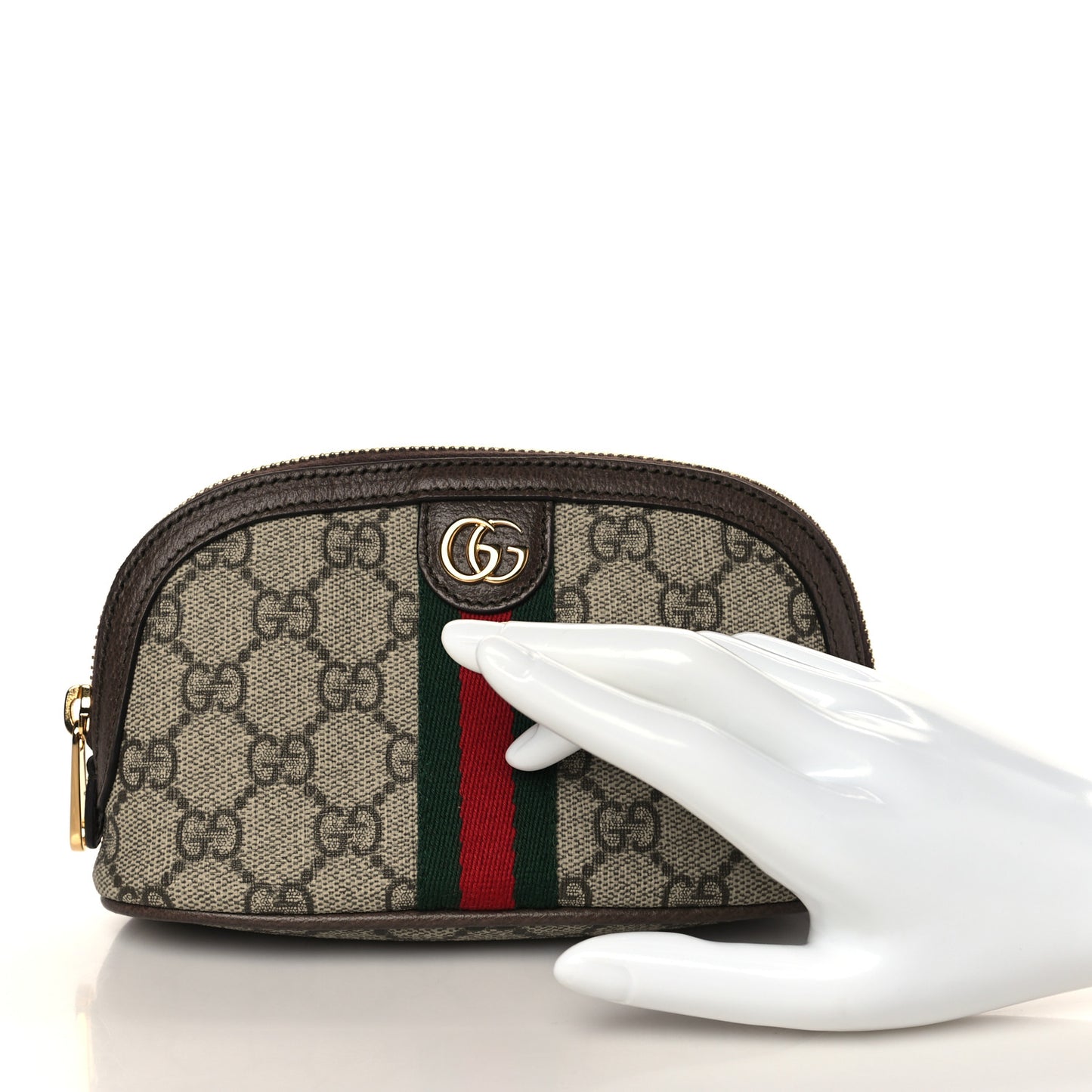 GG Supreme Monogram Textured Calfskin Web Medium Ophidia Cosmetic Case Beige Ebony New Acero