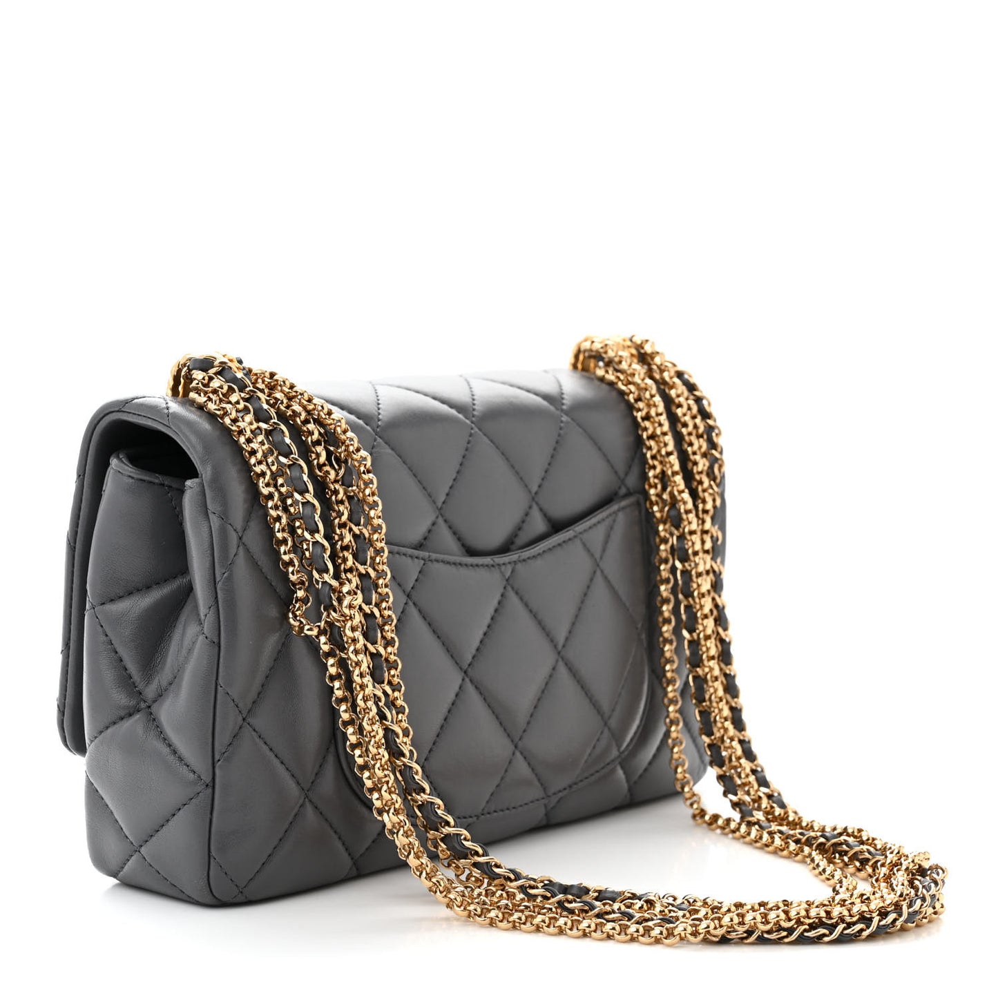 Shiny Lambskin Quilted Multi Stand Flap Grey