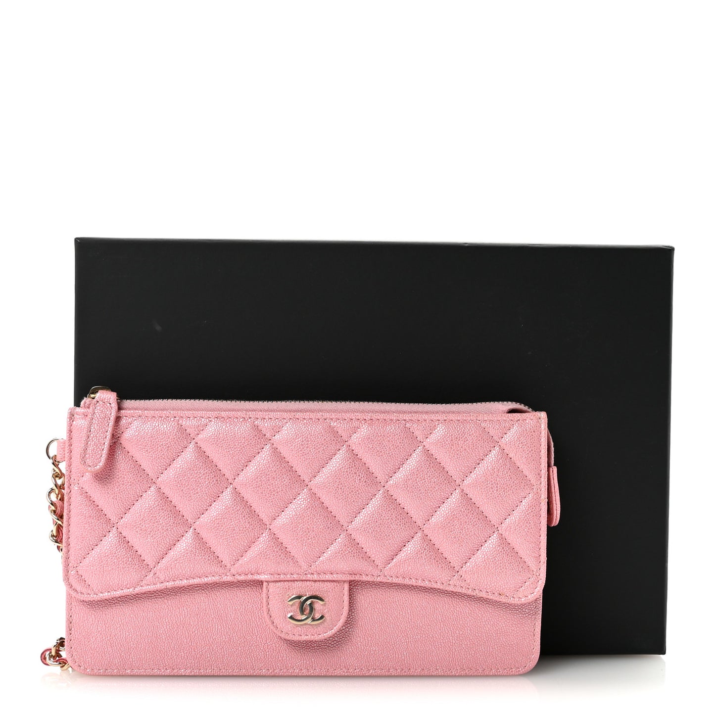 Iridescent Caviar Quilted Classic Pouch With Handle Rose Pink