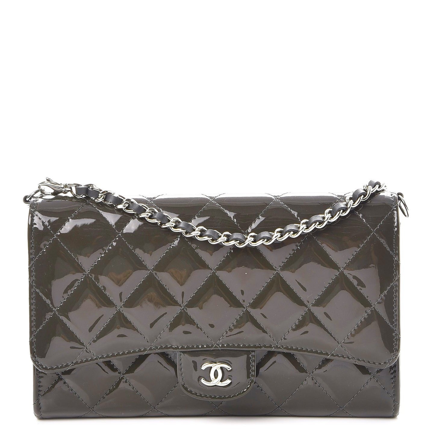 Patent Quilted Wallet On Removable Chain Dark Grey