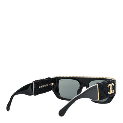 Chanel Acetate Tweed Wool CC Chain Rectangle Sunglasses 71549 Black 4 of 8