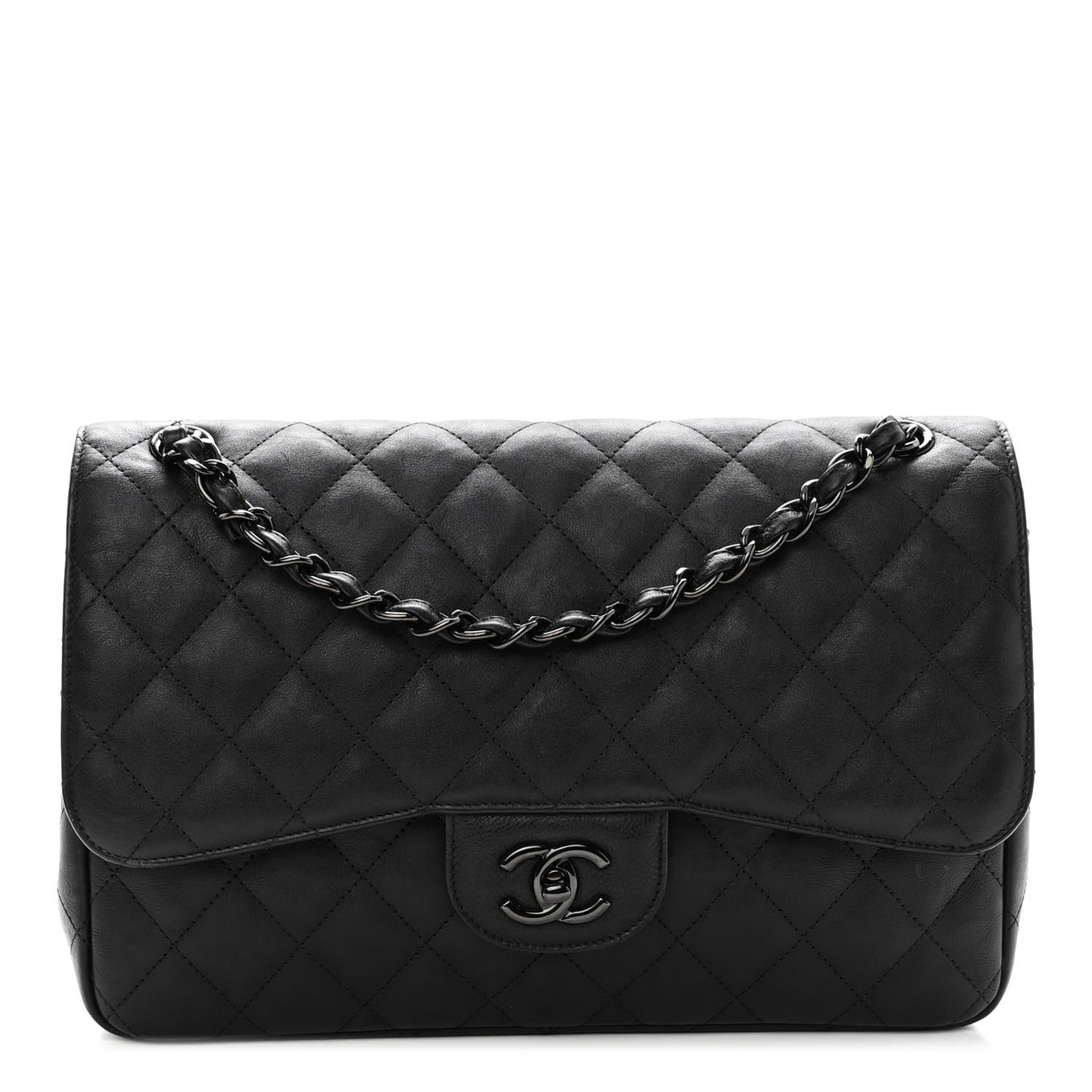 Crumpled Calfskin Quilted Jumbo Double Flap So Black