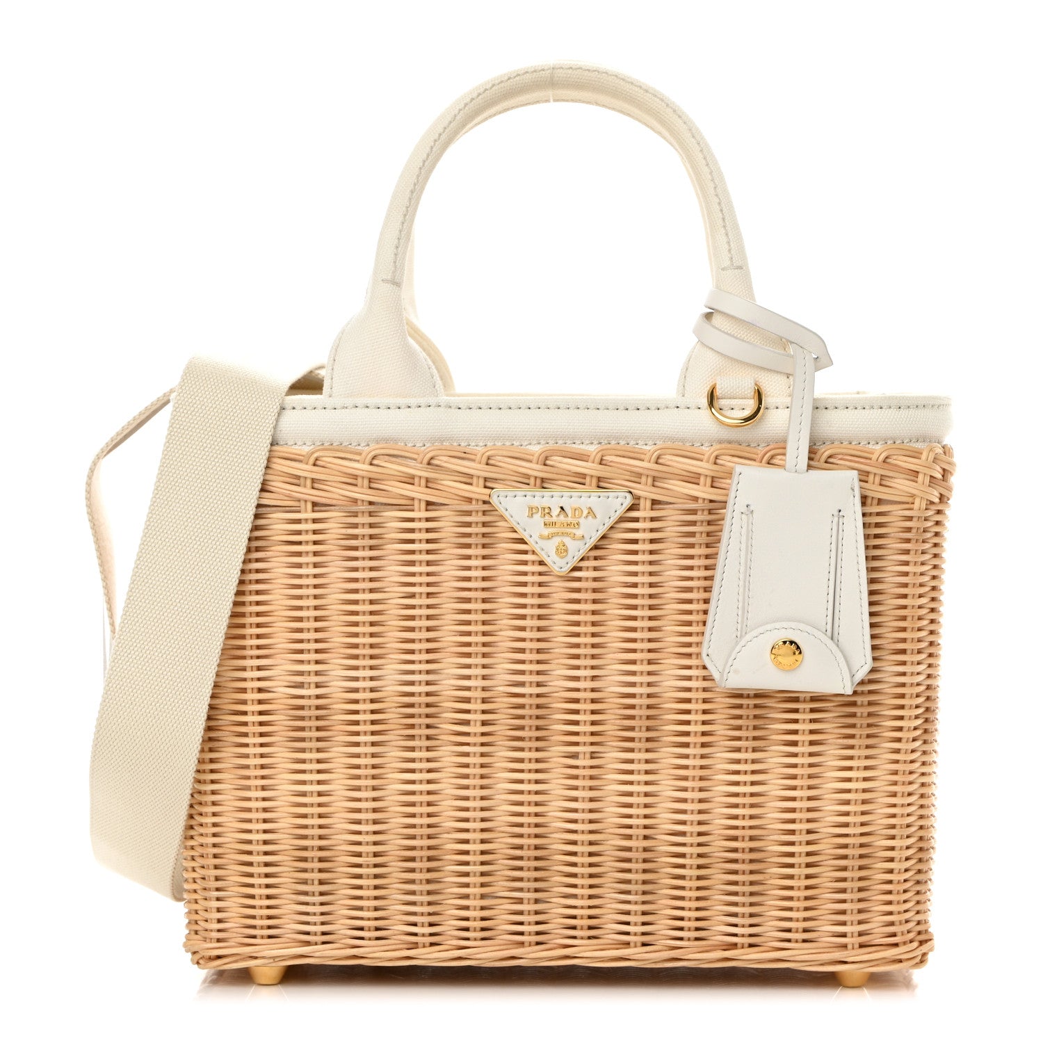 Prada Canvas Wicker Shoulder Bag White Tan 1 of 14