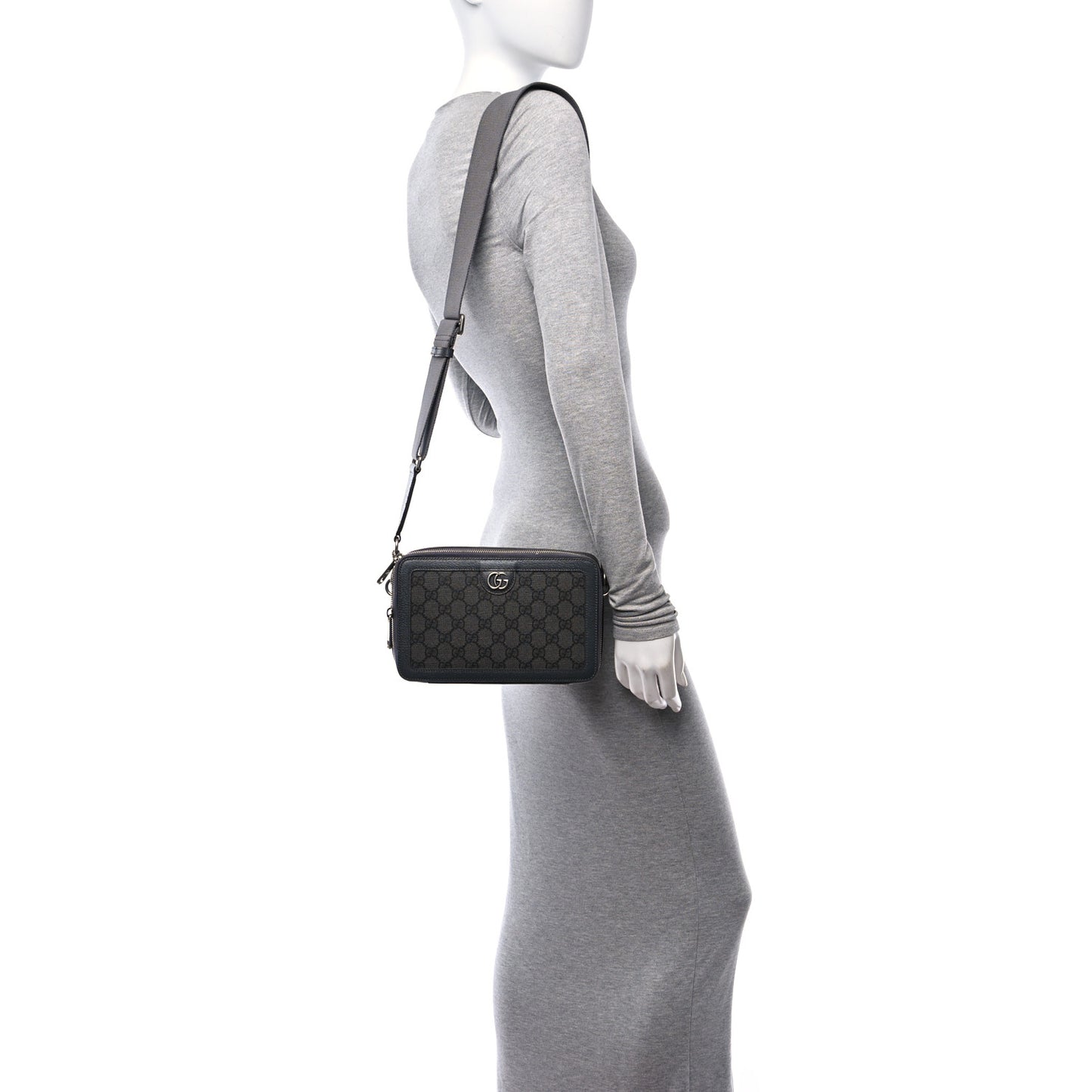 GG Supreme Monogram Textured Dollar Calfskin Small Ophidia Top Handle Shoulder Grey Black Graphite Grey