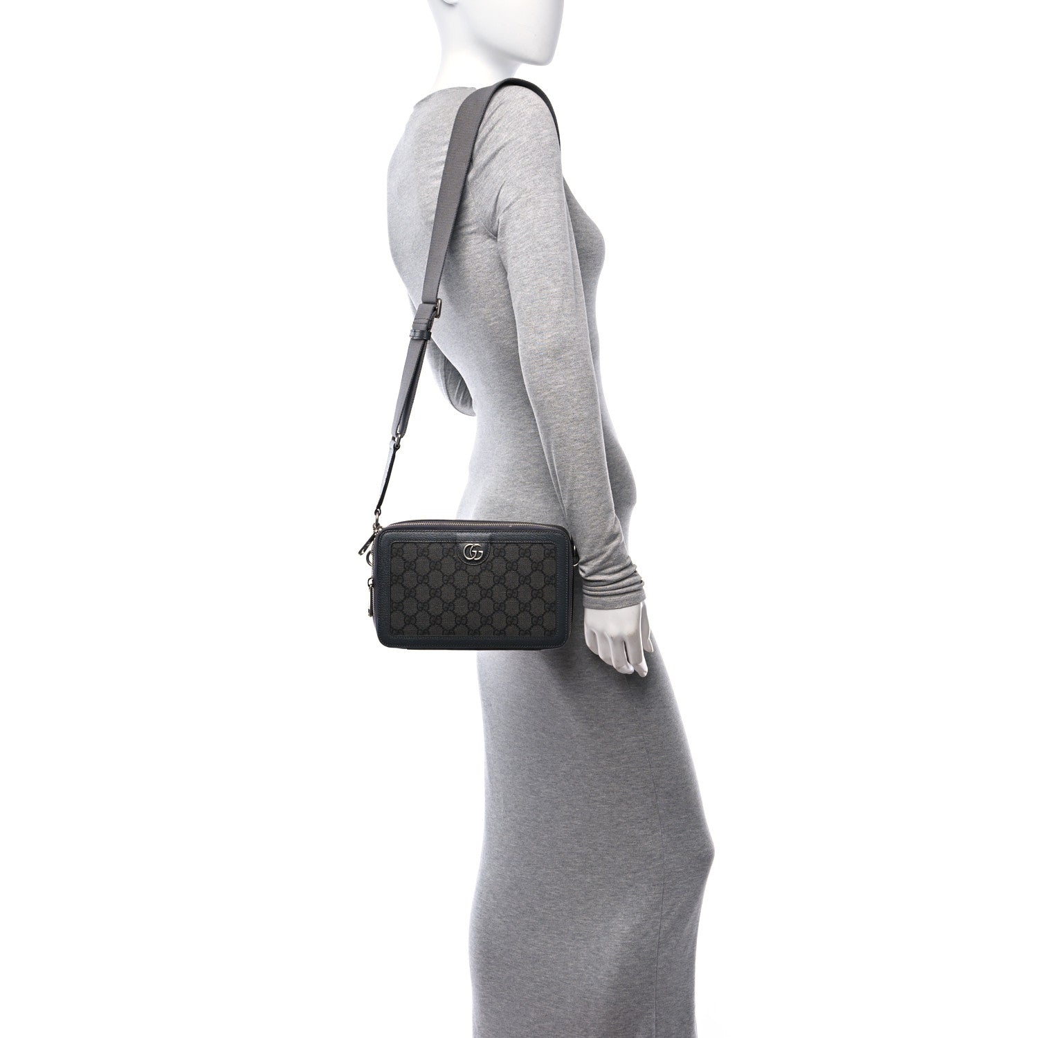Gucci GG Supreme Monogram Textured Dollar Calfskin Small Ophidia Top Handle Shoulder Grey Black Graphite Grey 3 of 10