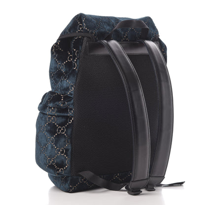 Gucci Velvet GG Monogram Web Medium Double Buckle Backpack Blue Beige Black 2 of 9