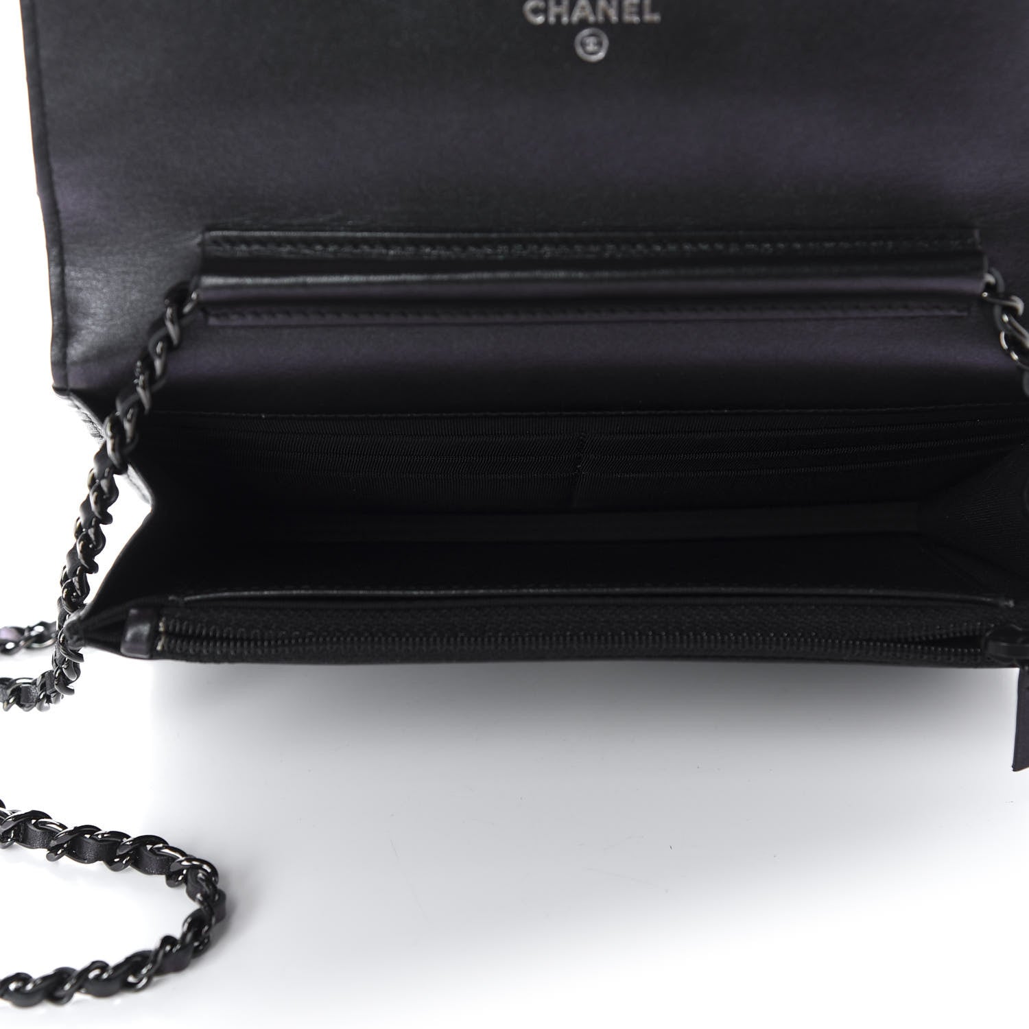 Chanel Patent Metallic Crumpled Calfskin Chevron Quilted Wallet On Chain WOC Black 5 of 12