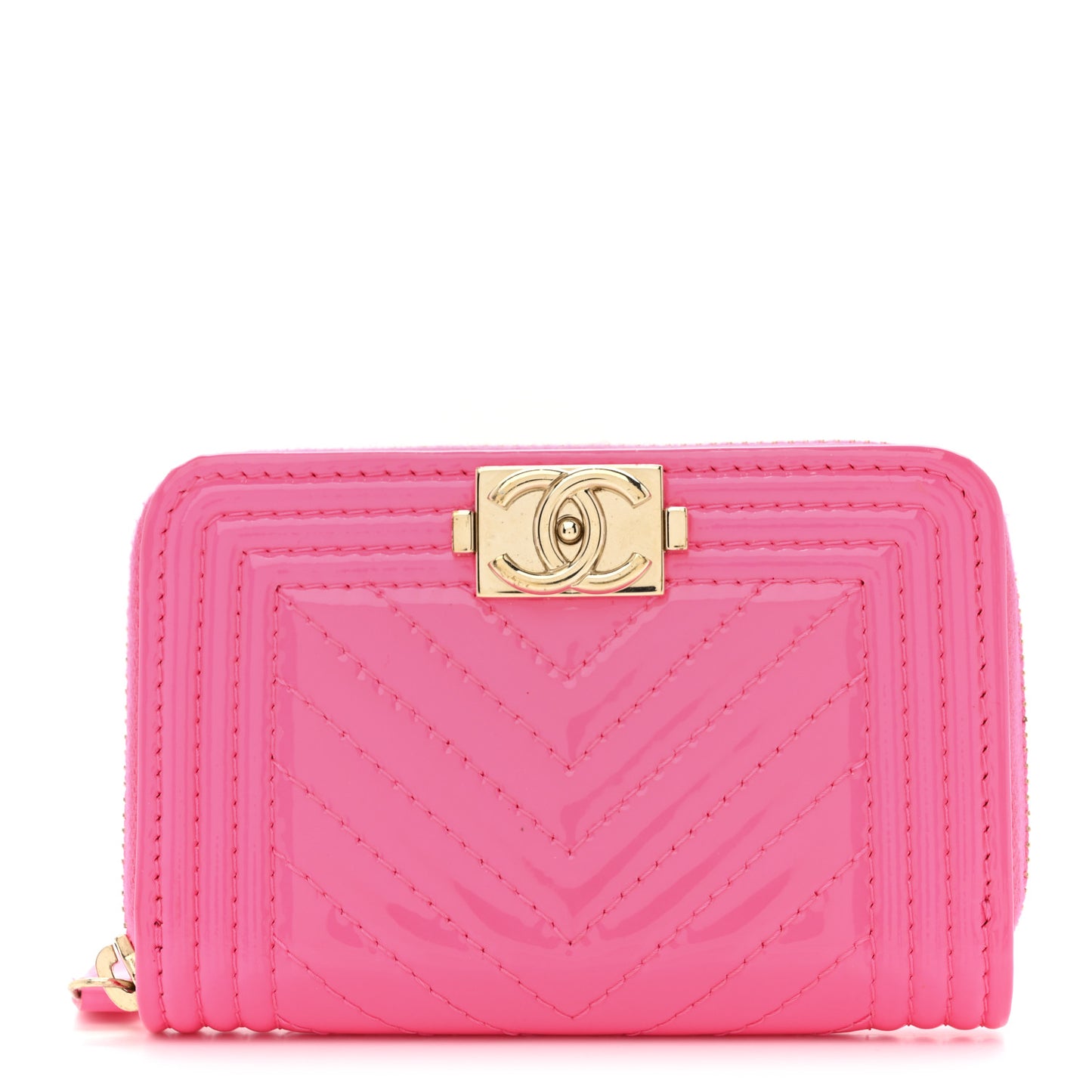 Patent Chevron Quilted Zip Around Boy Coin Purse Wallet Neon Pink