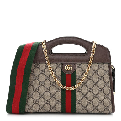 Gucci GG Supreme Monogram Textured Dollar Calfskin Web Small Ophidia Slip Handle Tote Beige Ebony New Acero 1 of 11