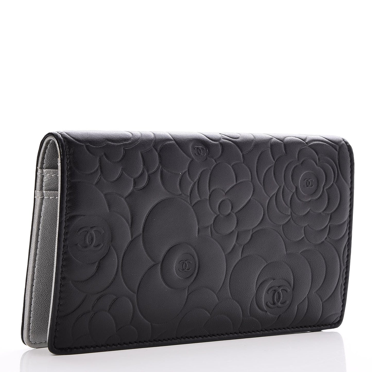 Lambskin Camellia Embossed Yen Wallet Black