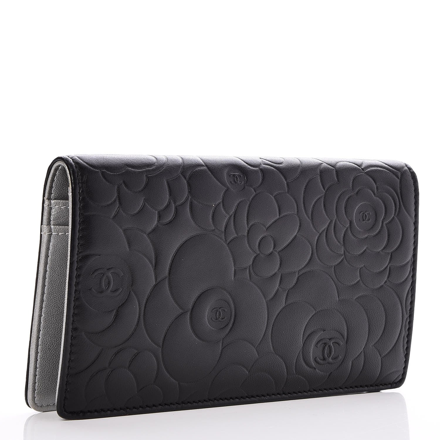Chanel Lambskin Camellia Embossed Yen Wallet Black 3 of 9