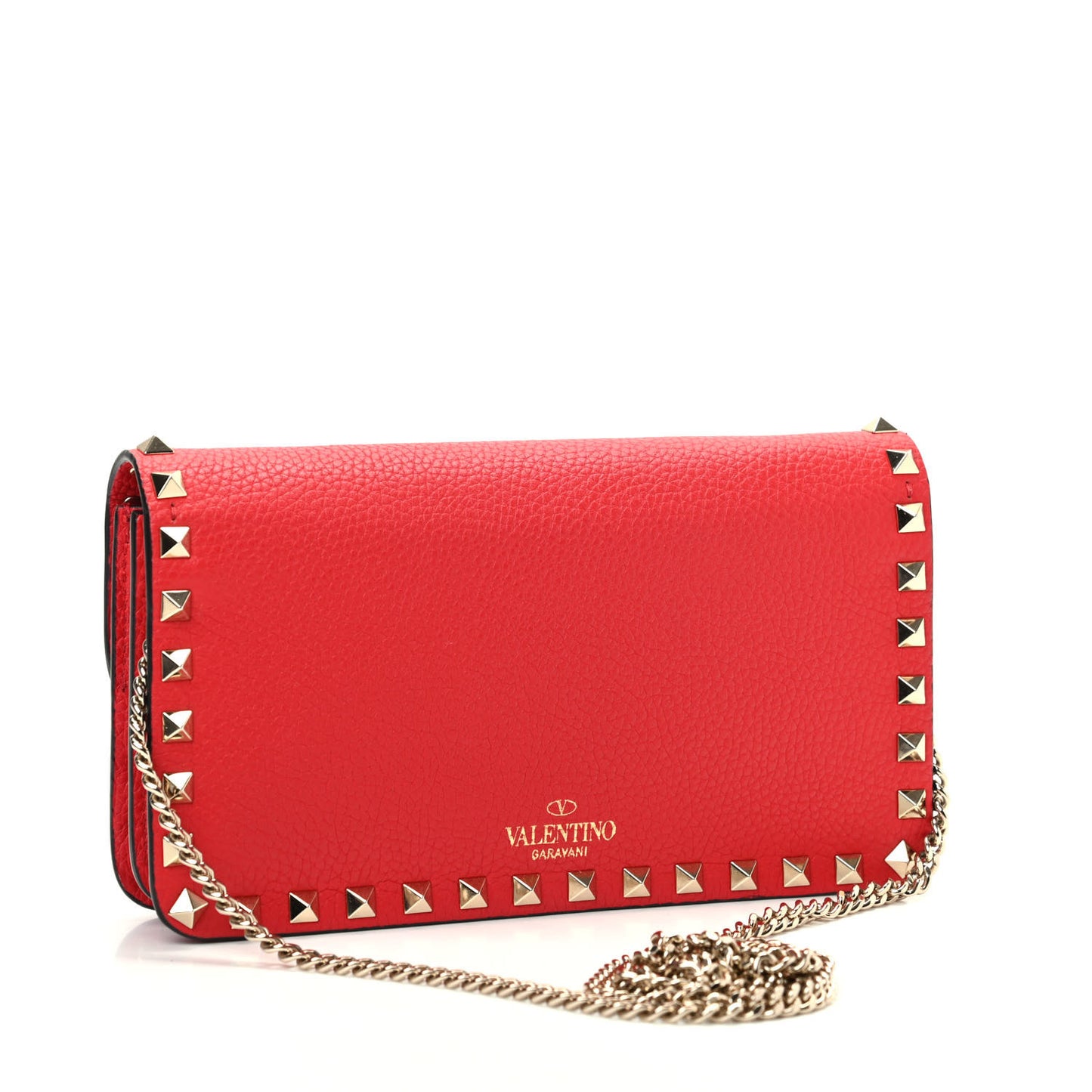 Pebbled Calfskin Rockstud Flap Wallet On Chain Rouge Pur