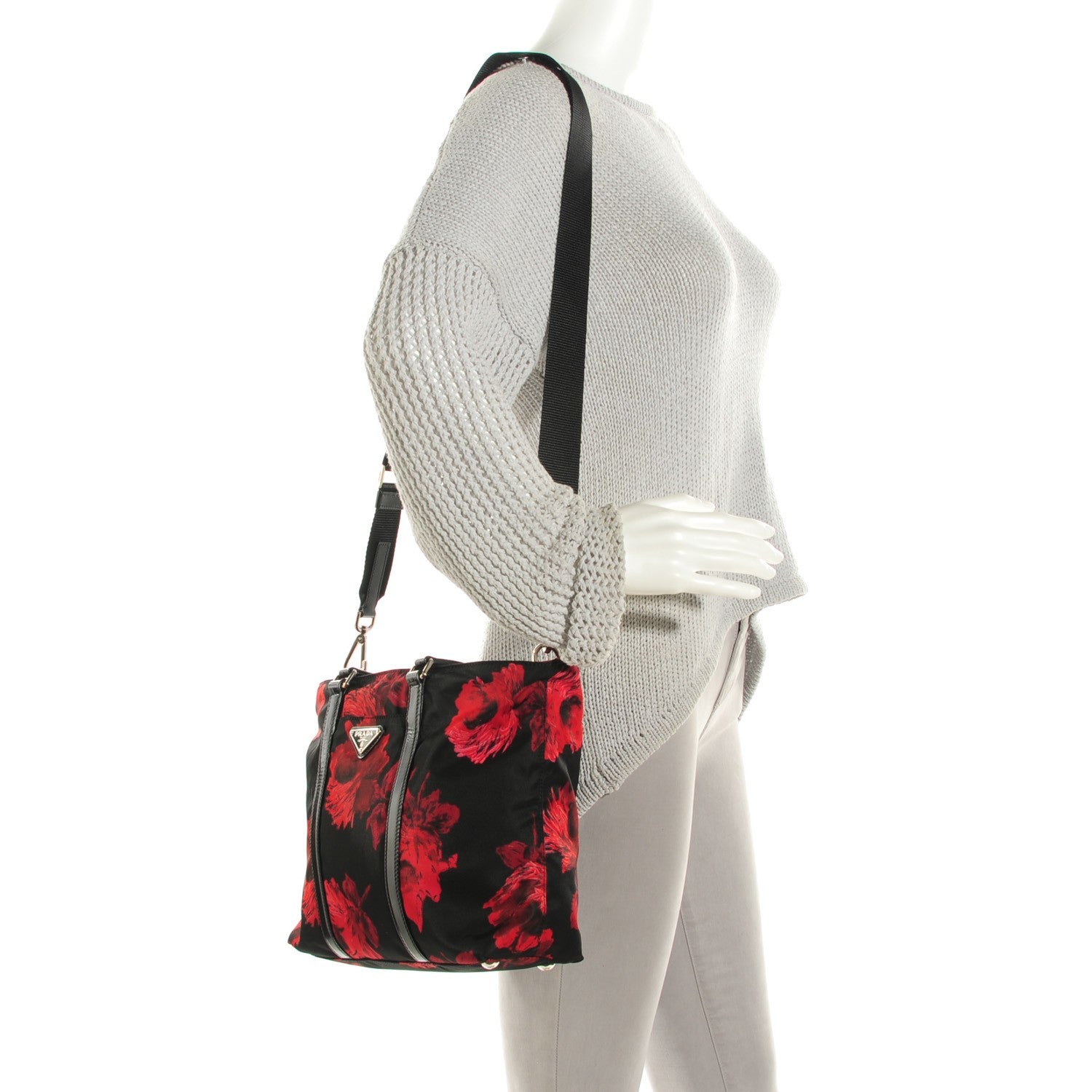 Prada Tessuto Nylon Rose Shop Shoulder Bag Black Rosso 2 of 8