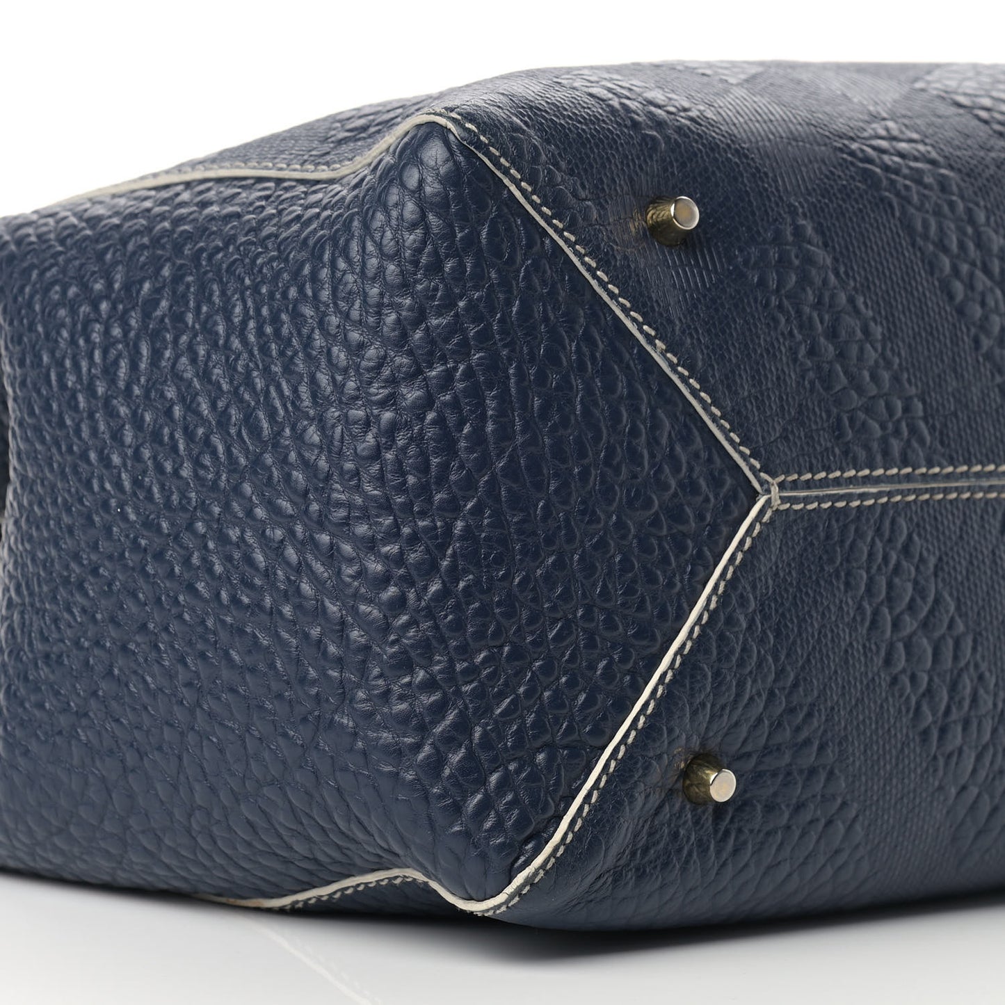 Signature Grain Calfskin Check Embossed Small Canterbury Tote Blue Carbon