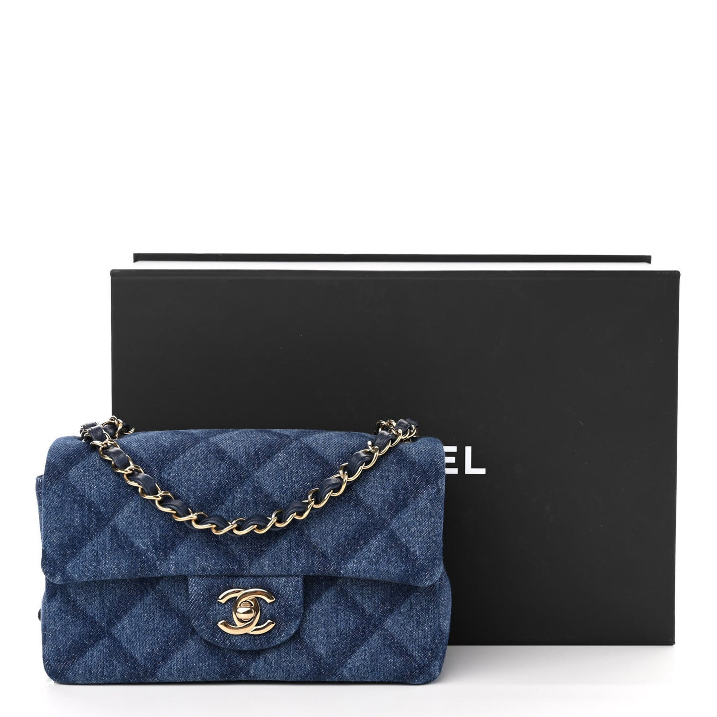 Printed Denim Quilted Mini Rectangular Flap Dark Blue