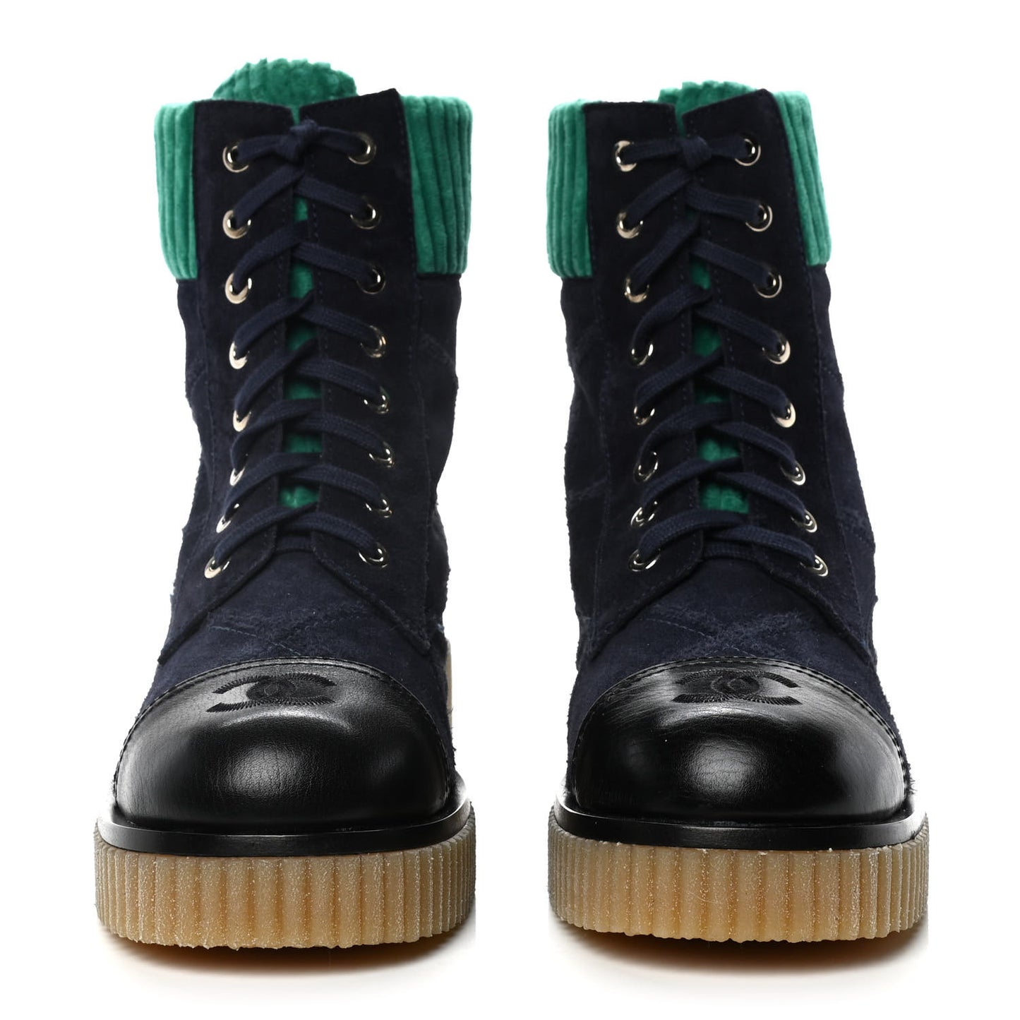 Suede Calfskin Velvet Quilted CC Combat Boots 38 Navy Green Black