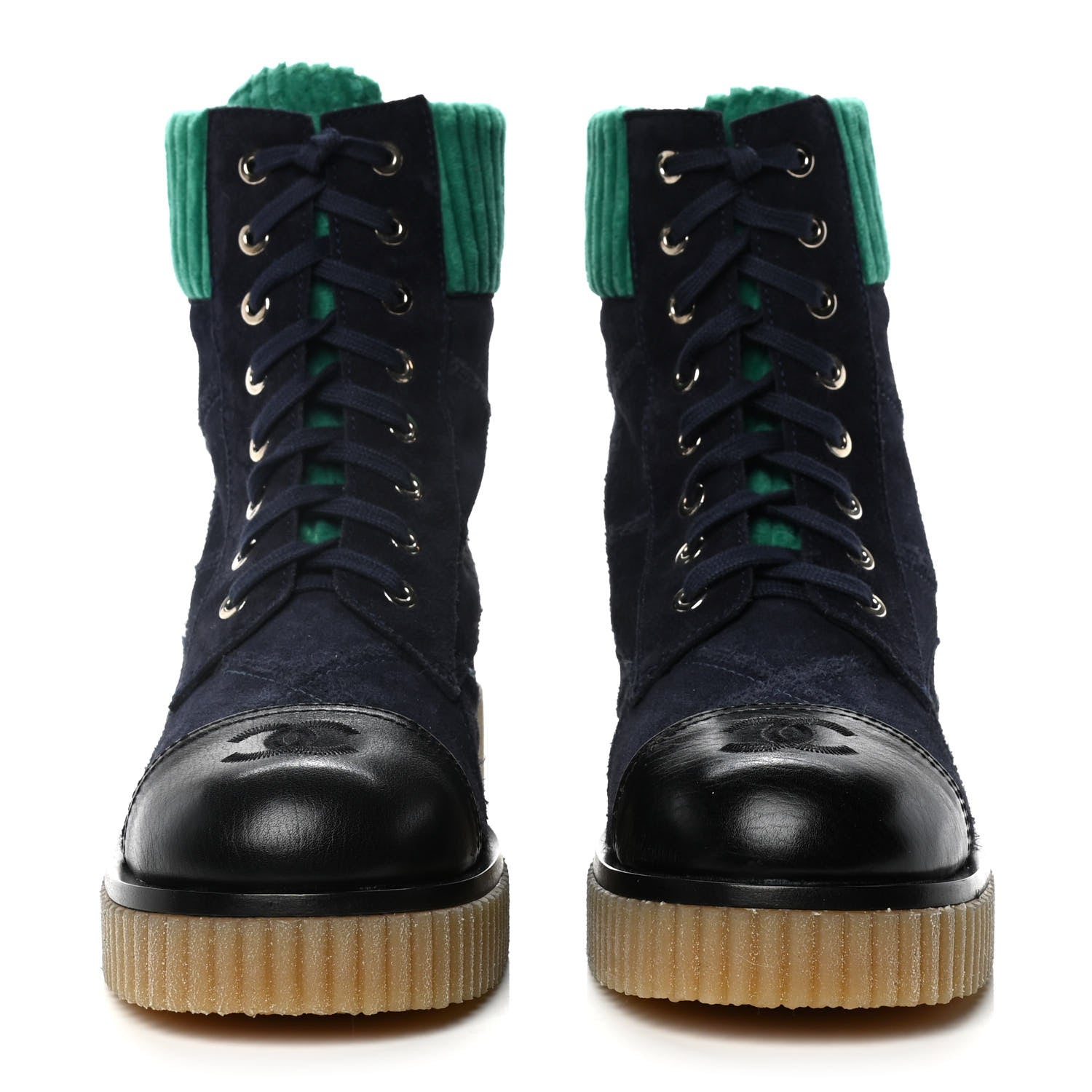 Chanel Suede Calfskin Velvet Quilted CC Combat Boots 38 Navy Green Black 2 of 9