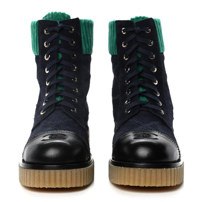 Chanel Suede Calfskin Velvet Quilted CC Combat Boots 38 Navy Green Black 2 of 9