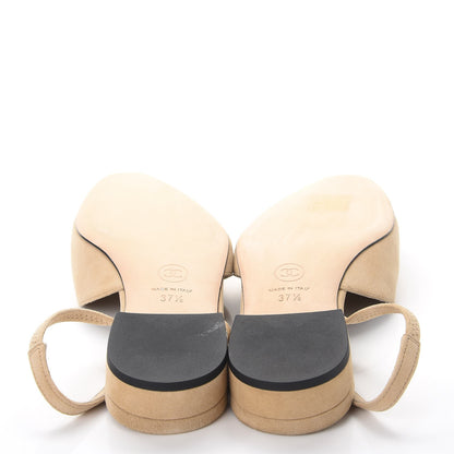 Chanel Kid Suede Satin Cap Toe CC Slingback Pumps 37.5 Beige Black 5 of 10