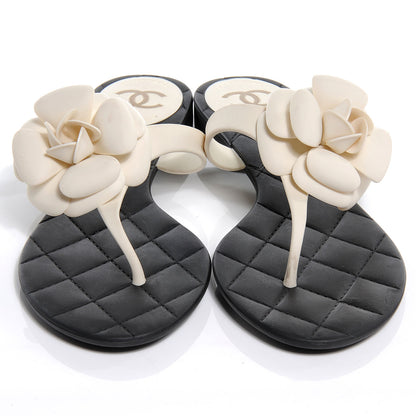 Chanel Jelly Quilted Camellia Thong Sandals 40 Black White 2 of 6