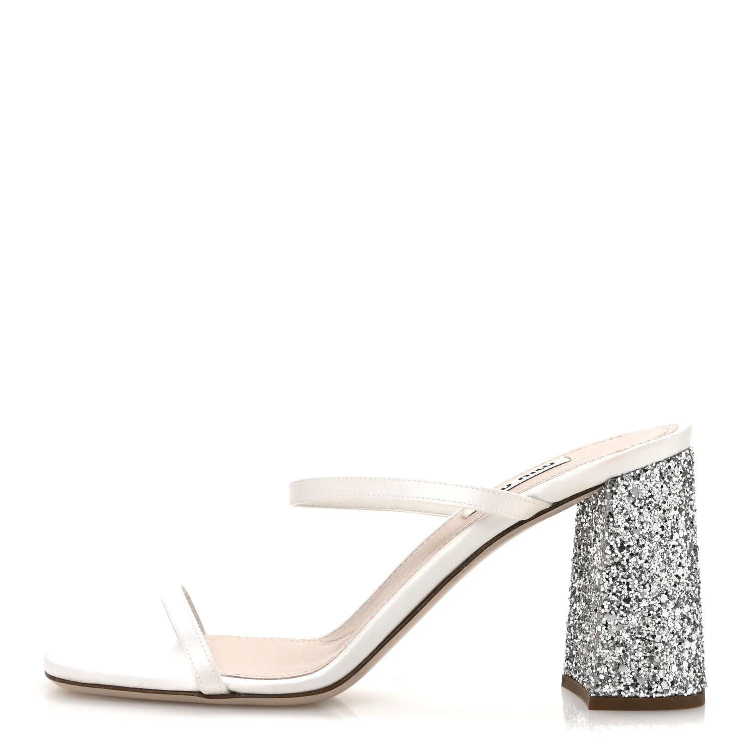Miu Miu Satin Raso Glitter Block Heel Sandals 38 White Argento 1 of 10