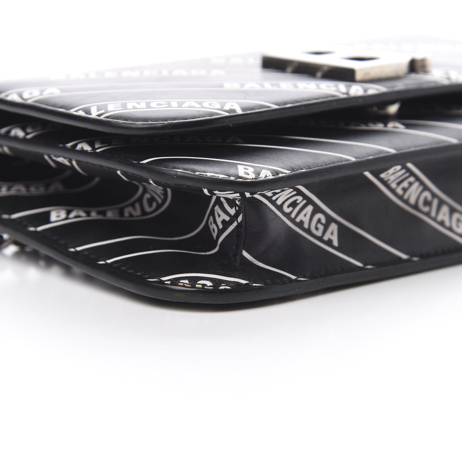 Balenciaga Matte Calfskin Diagonal Allover Logo Print B Wallet on Chain Black White 9 of 12
