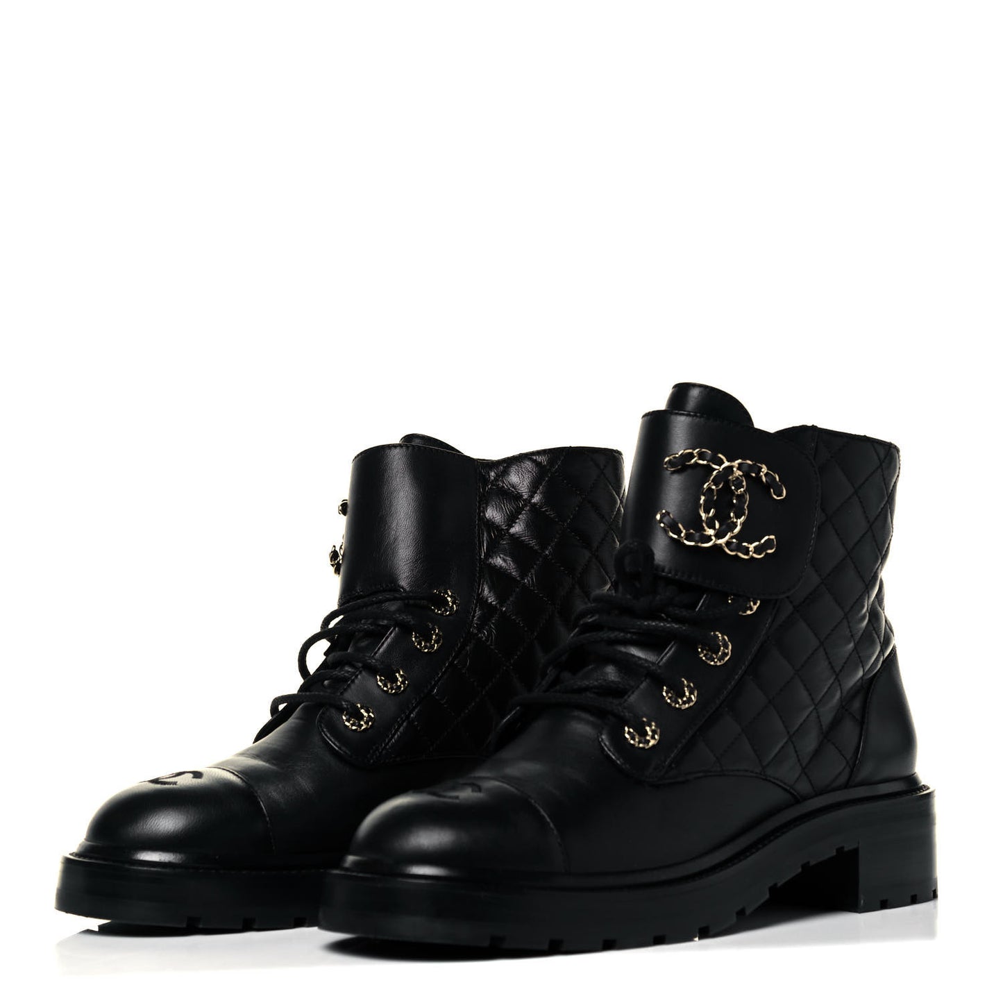 Shiny Lambskin Quilted Lace Up Combat Boots 41 Black
