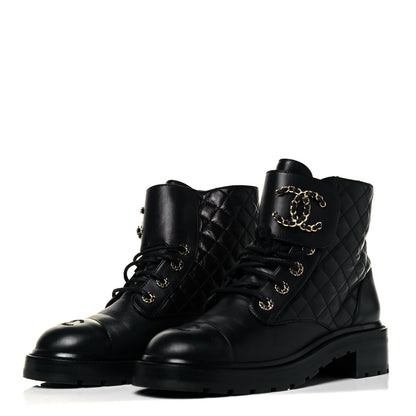 Chanel Shiny Lambskin Quilted Lace Up Combat Boots 41 Black 2 of 7