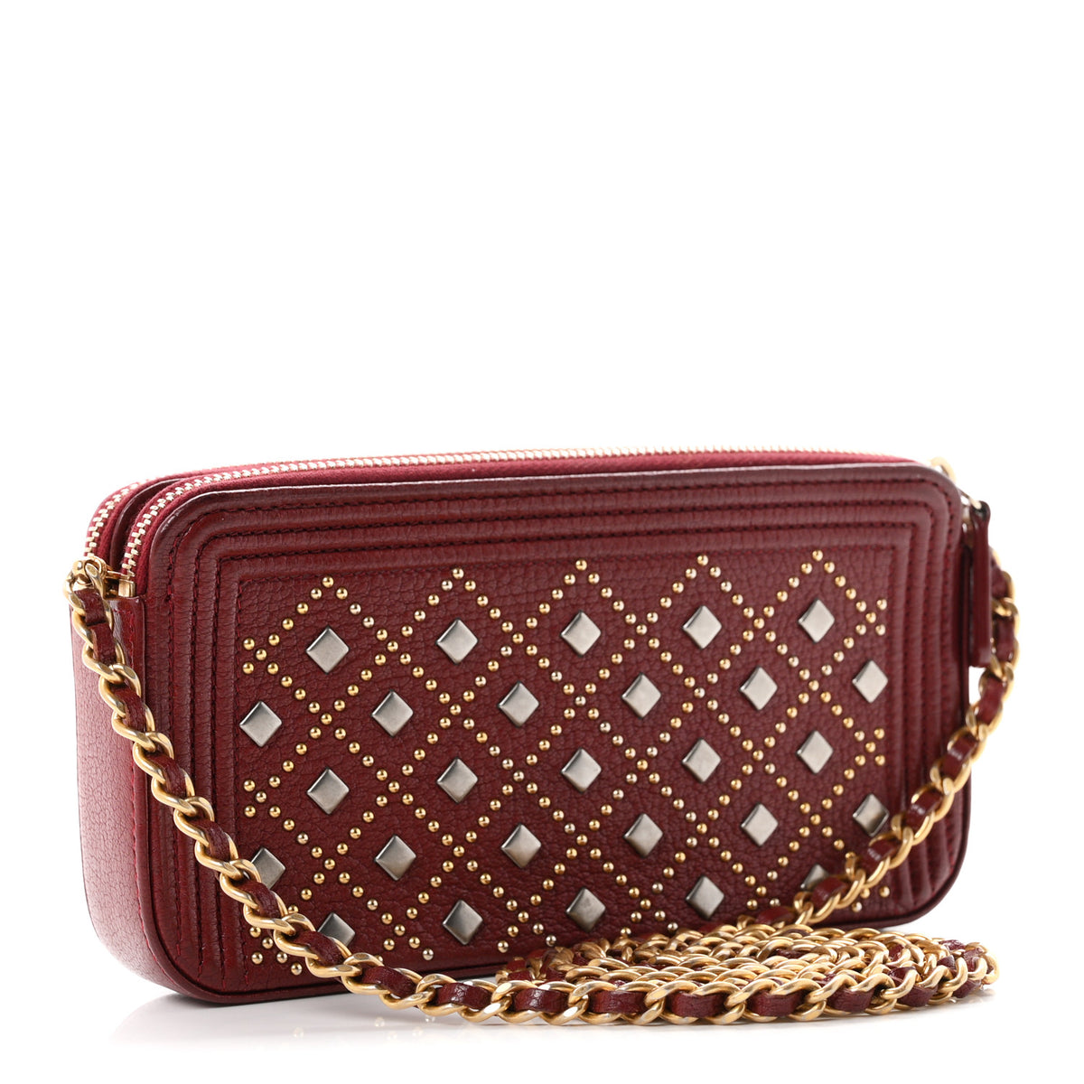 Chanel Grained Calfskin Studded Small Boy Clutch With Chain Dark Red 3 of 12