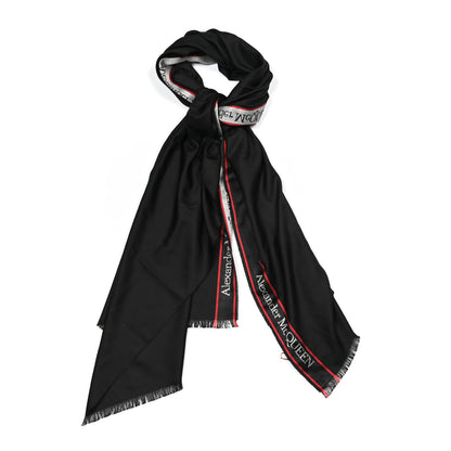 Alexander McQueen Wool Silk Selvedge Scarf Black Red 1 of 5