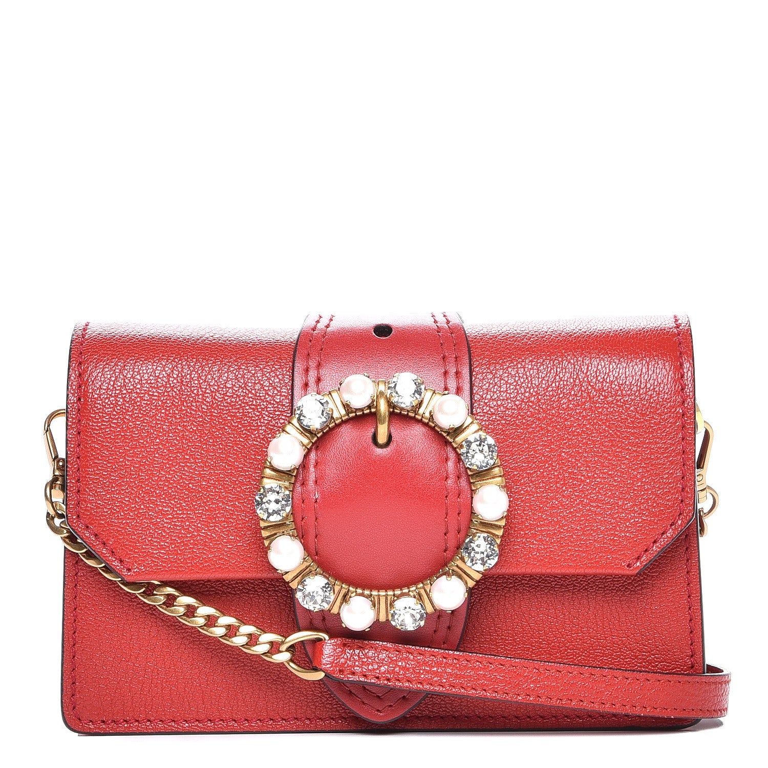 Miu Miu Goatskin Madras Soft Calf Crystal Pearl Embellished Shoulder Bag Fuoco 1 of 8