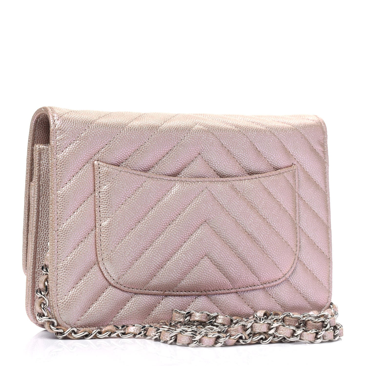 Chanel Metallic Caviar Chevron Quilted Wallet On Chain WOC Light Gold 2 of 5