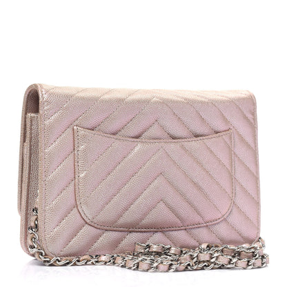 Chanel Metallic Caviar Chevron Quilted Wallet On Chain WOC Light Gold 2 of 5