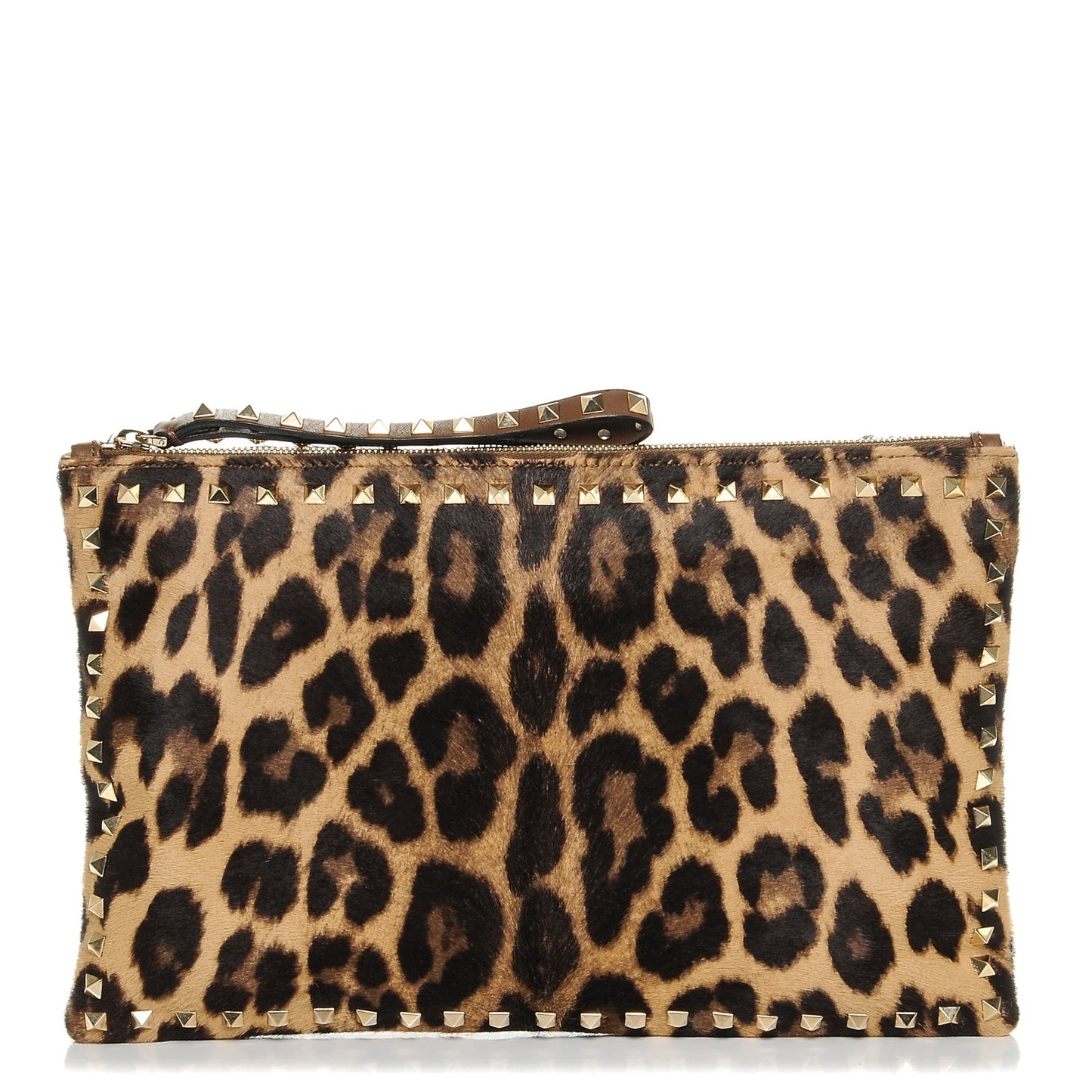 Calf Hair Leopard Print Rockstud Zip Wristlet Pouch Leopard
