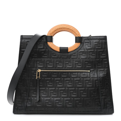 Fendi Vitello Century Wicker FF 1974 Embossed Medium Runaway Shopper Tote Black 1 of 10