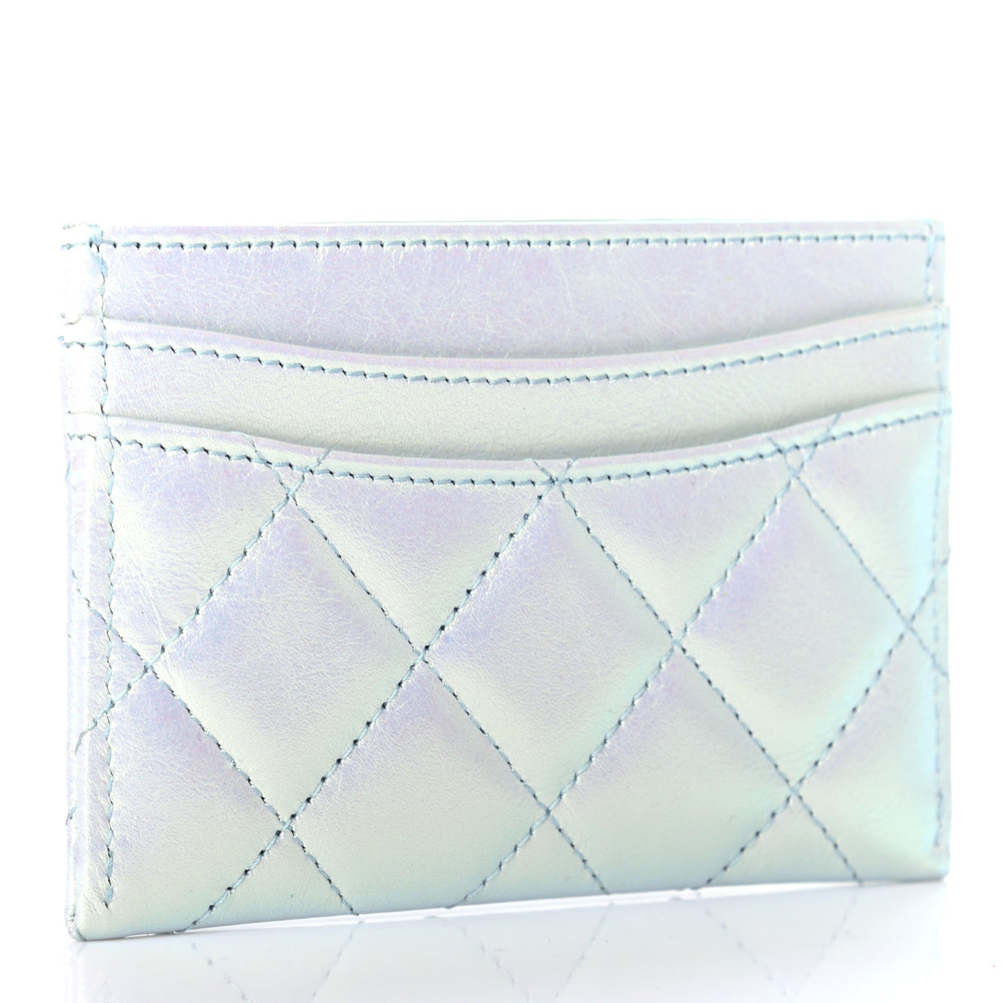 Iridescent Calfskin Quilted Card Holder Light Blue