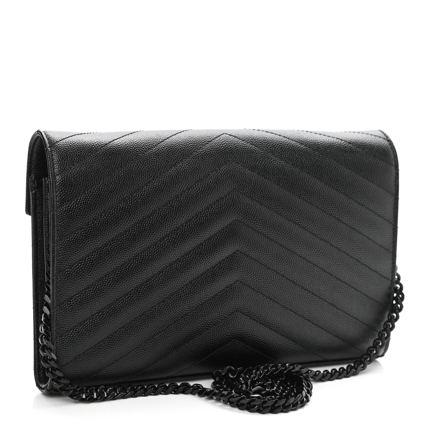 Saint Laurent Grain De Poudre Matelasse Chevron Monogram Chain Wallet Black 3 of 11