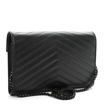 Saint Laurent Grain De Poudre Matelasse Chevron Monogram Chain Wallet Black 3 of 11